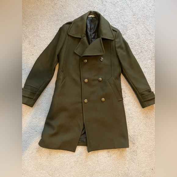 Zara Men's Double-Breasted Olive Green Pea Coat - Picture 4 of 16